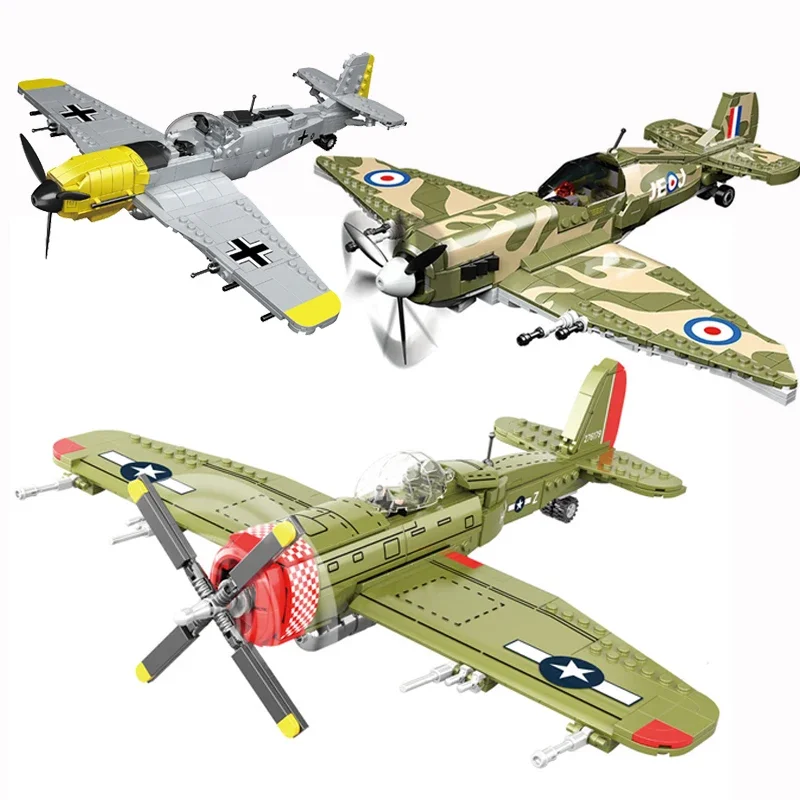 Retro Gaming Lego - Verschiedene Arten von Armee-P47-Kampfflugzeug-Bausteinen, Spitfire-Militärsoldaten-Pilotenfiguren, Waffen-Bausteine,