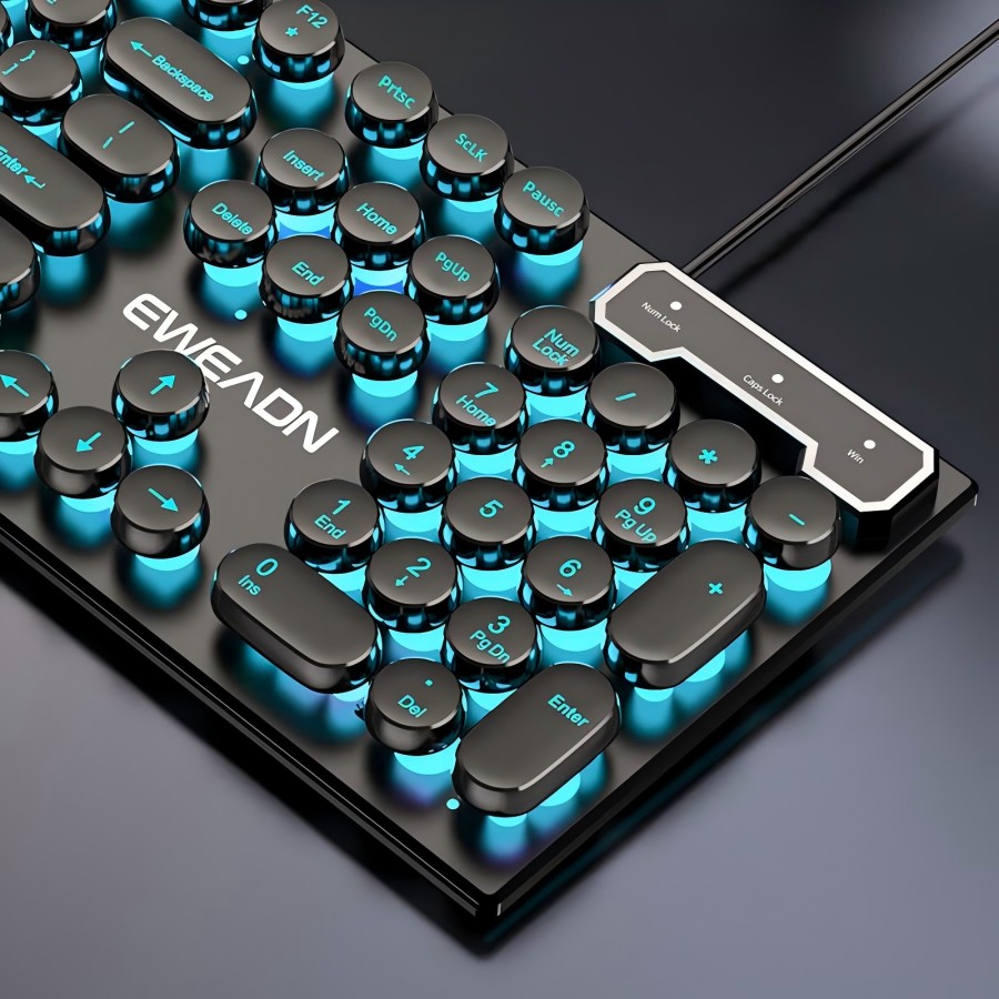 Retro Pc Gaming - EWEADN Schreibmaschinen-Gaming-Tastatur, 104-Tasten, runde Retro-Punk-Tastenkappen, blaue
