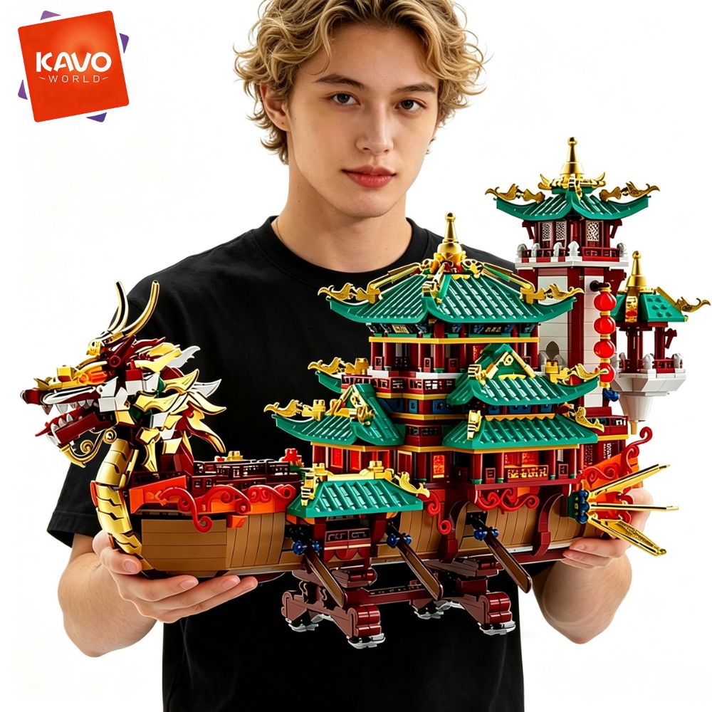 Retro Gaming Lego - KAVOWORLD 2453-teiliger Drachenboot-Bausatz, Chinesisches Antikes Pavillon-Schiff